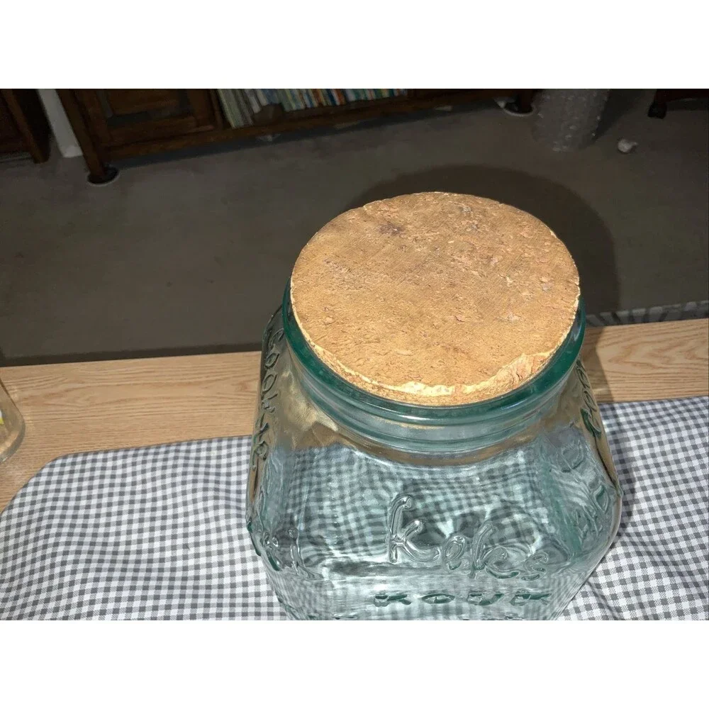 Green Glass Vintage Cookie Biscoutti Kouk Biscuit Jar  Cork Top Very Heavy New